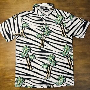 Bad Birdie Mens Golf Polo Shirt Size L Palm Tree Zebra Print Short Sleeve EUC